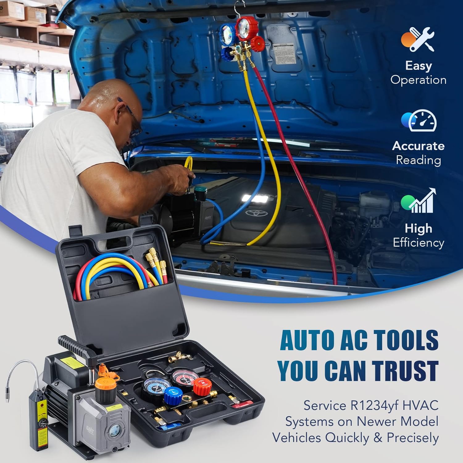 Orion Motor Tech R1234yf AC Gauges and Vacuum Pump, with Leak Detector 5FT Hoses R1234yf can tap R1234yf Quick Couplers, 4 cfm Vacuum Pump and Manifold Gauge Set, 1/3 HP Vacuum Pump R1234yf Gauge Set
