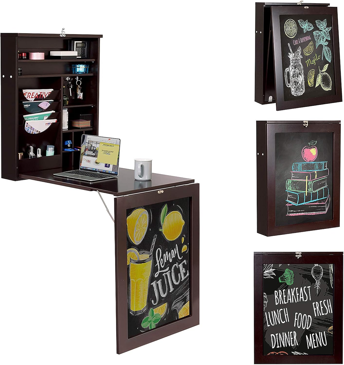 Tangkula Wall Mounted Desk, Floating Desk with Chalkboard, Space Saving Fold Up Desk Wall Mount Convertible Desk, Multi-Function Wall Mounted Table with Storage Shelves & Hooks（No Assembly Required）