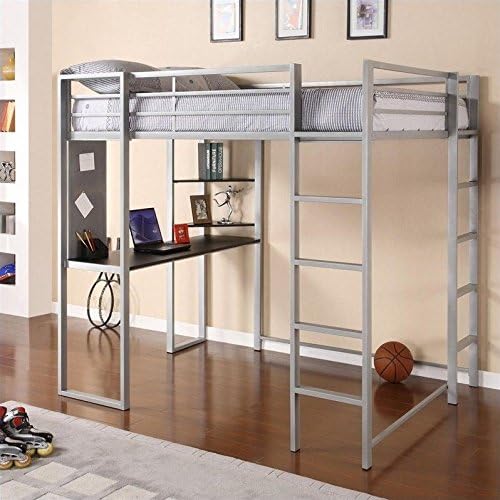 Rosebery Kids Full Metal Loft Bed with Desk in Silver and Black