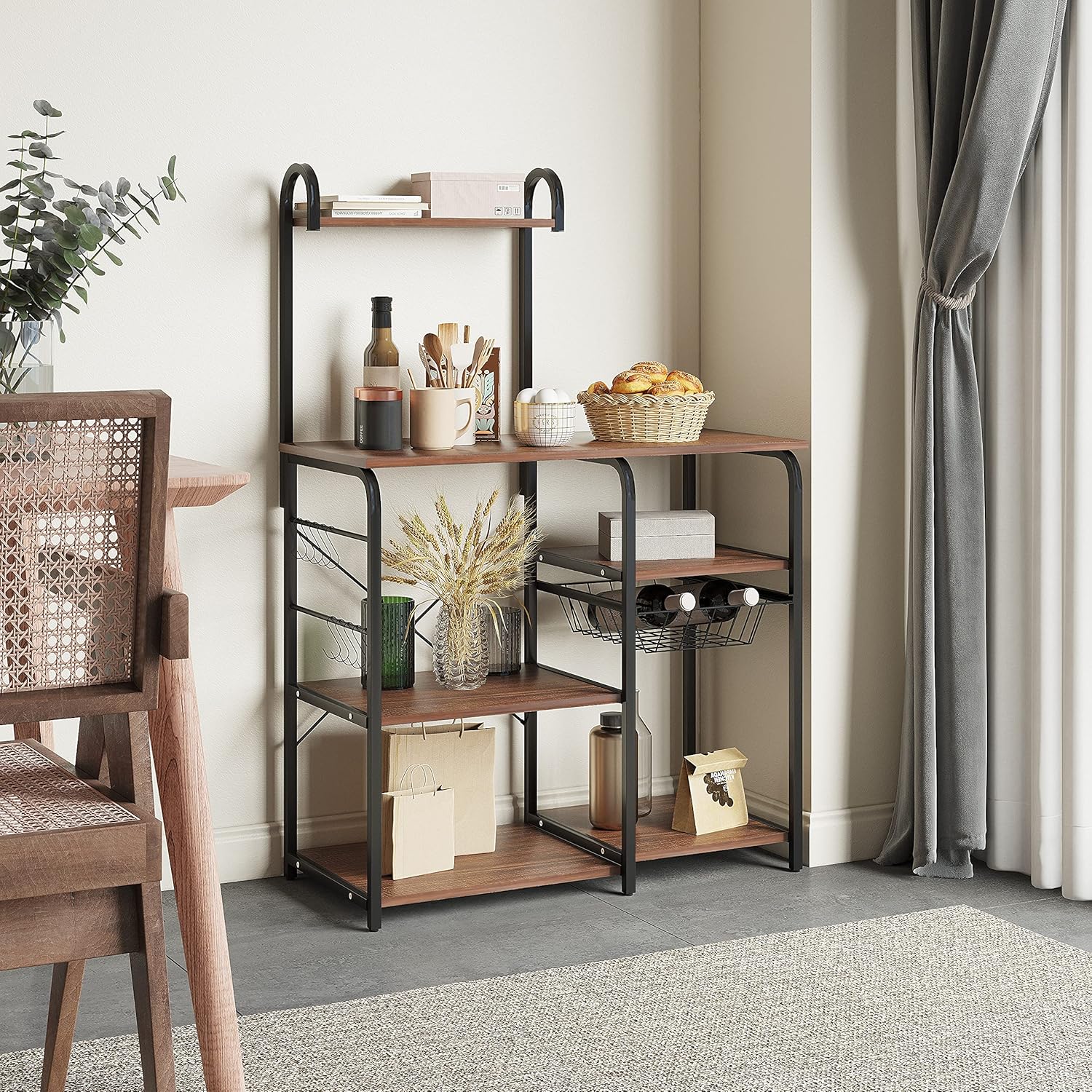 YITAHOME Baker's Racks for Kitchen-Standing Kitchen Baker Rack Shelf,Microwave Oven Stand for Home-Workstation Organizers Rack with Slide-Out Mesh Basket,10 Hooks,Rustic Brown Pack of 2