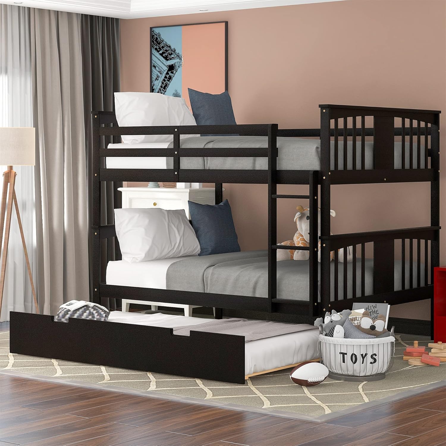 Twin Loft Bed with Slide and Storage, Solid Wood Low Loft Bed with Attached Bookcases and Separate 3-Tier Drawers, for Kids Girls Boys (Gray)