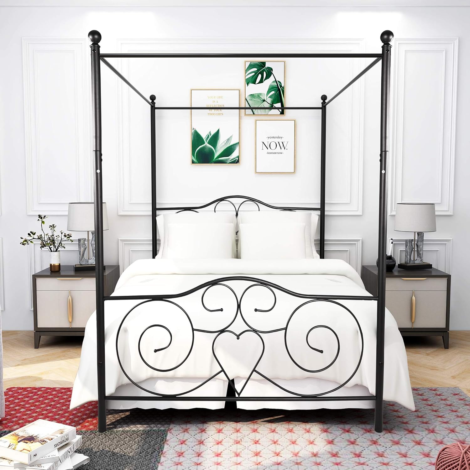 Canopy Bed Frame Platform Bed Frame Morden Design Heavy Duty Steel Slat and Support with Headboard and Footboard No Box Spring Required (Sand Black, Full)