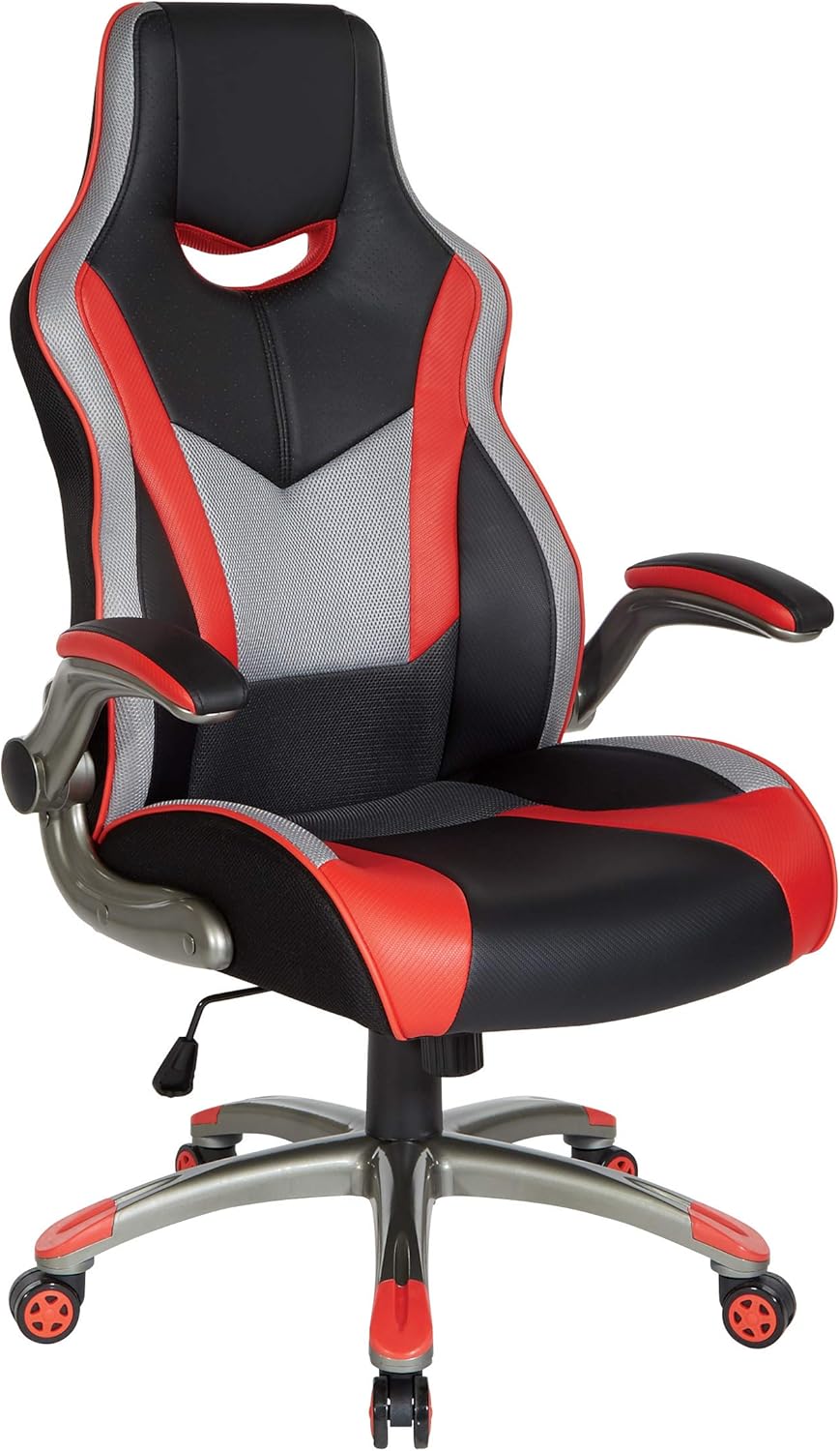 OSP Home Furnishings Uplink Ergonomic Adjustable High Back Gaming Chair, Black Faux Leather with Red Trim
