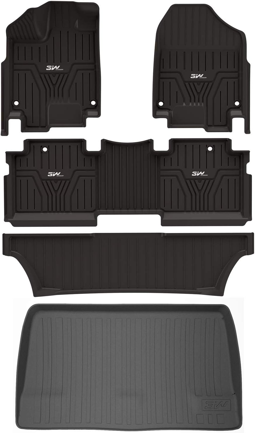 3W Floor Mats and Cargo Liner Compatible for Honda Odyssey 2018-2022 TPE All Weather Custom Fit Floor Liner and Cargo Mats 1st 2nd and 3rd Rows Car Mats and Trunk Liner Black