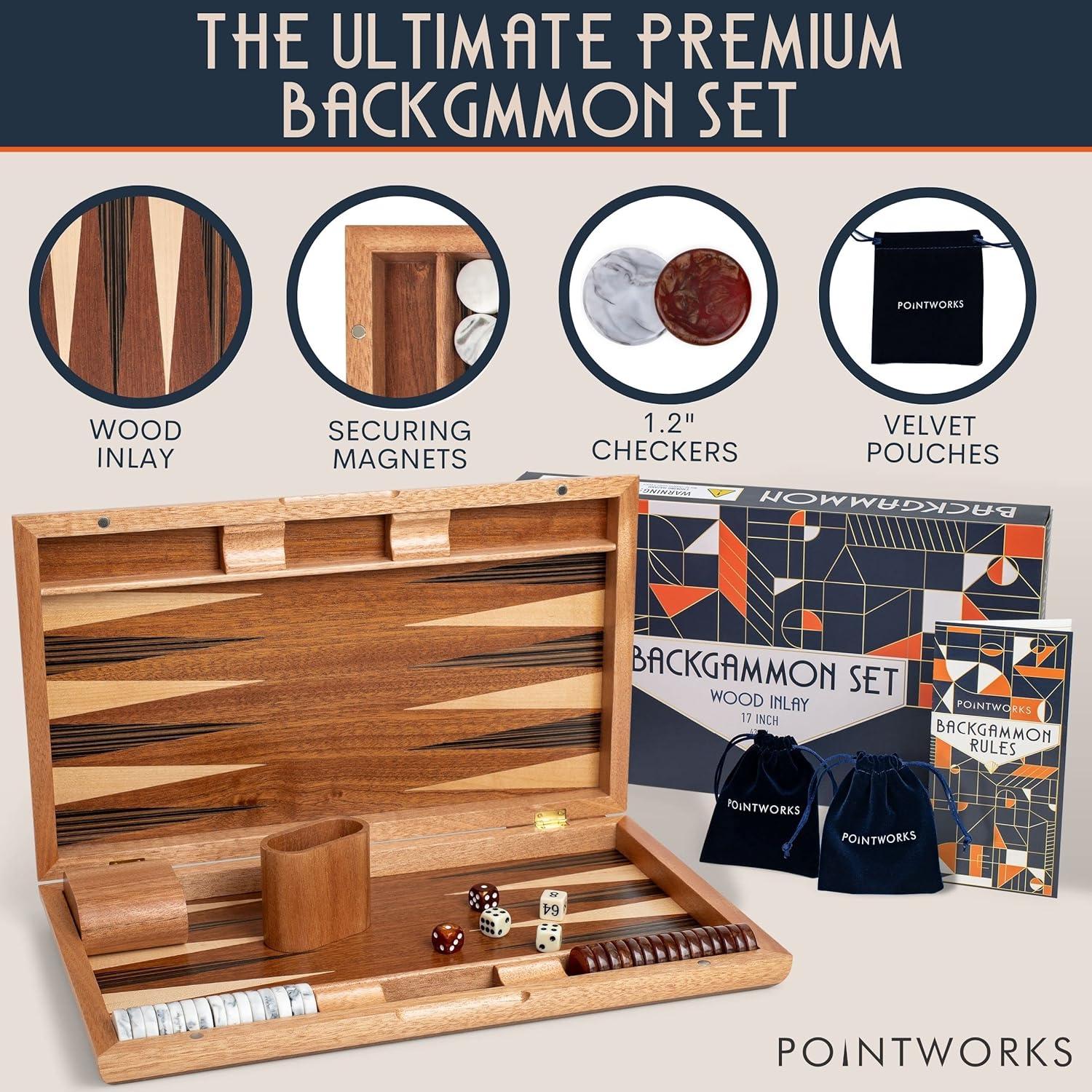 Pointworks 17 Inch Backgammon Set for adults. Beautiful wood inlaid folding backgammon game with unique stone-inspired checkers. Classic Traditional board games, travel game for two players board game