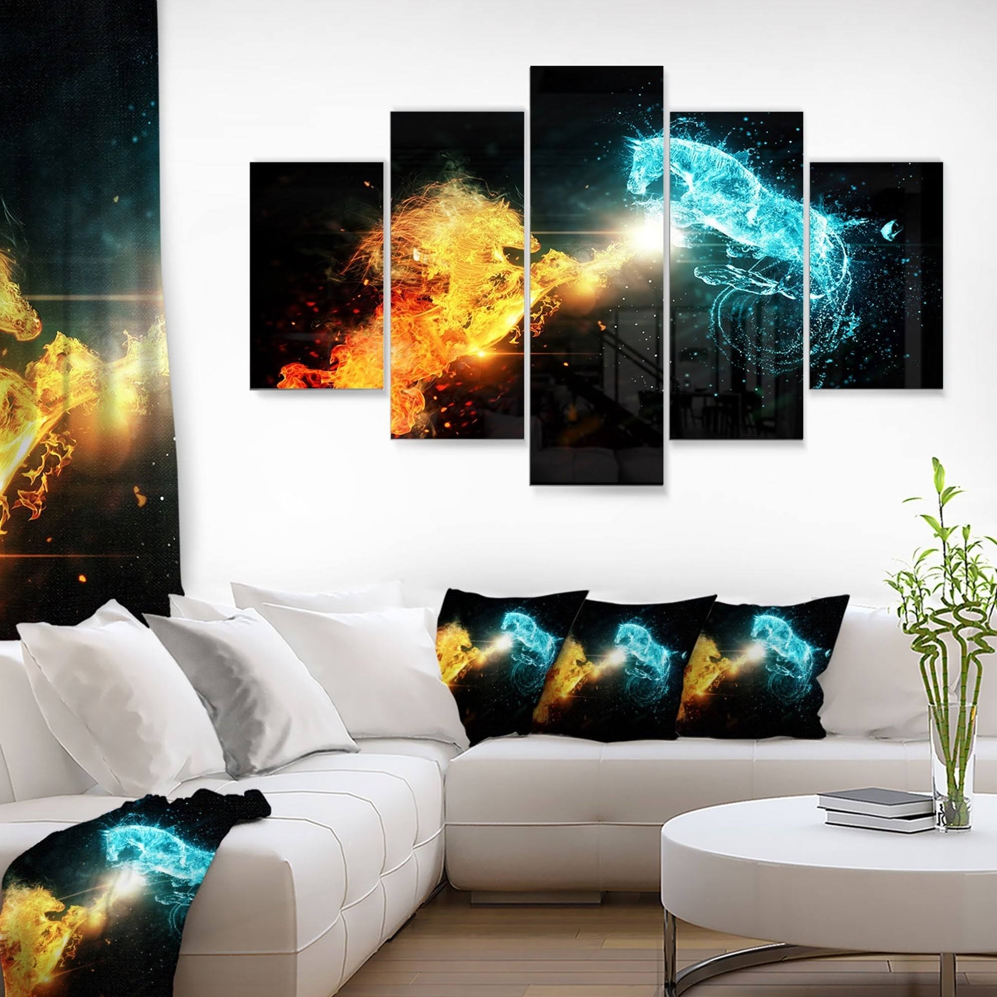 Design Art &Fire and Water Abstract Horses& 5 Piece Graphic Art on Metal Set, White