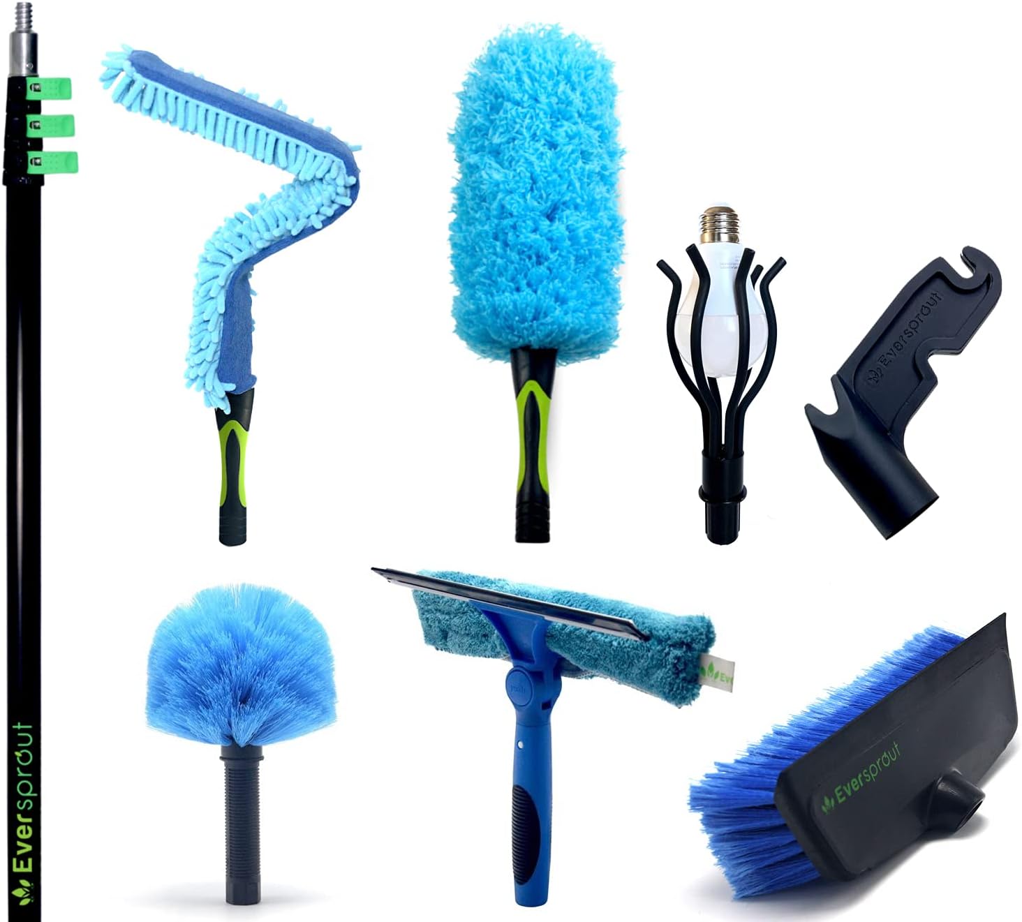 EVERSPROUT 7-to-26 Foot Extension Pole Total Kit (30+ Ft Reach) | Telescopic Pole, Scrub Brush, Light Bulb Changer, Hook, Swivel Squeegee, 3x Microfiber Dusters (Cobweb, Flexible Ceiling Fan, Feather)