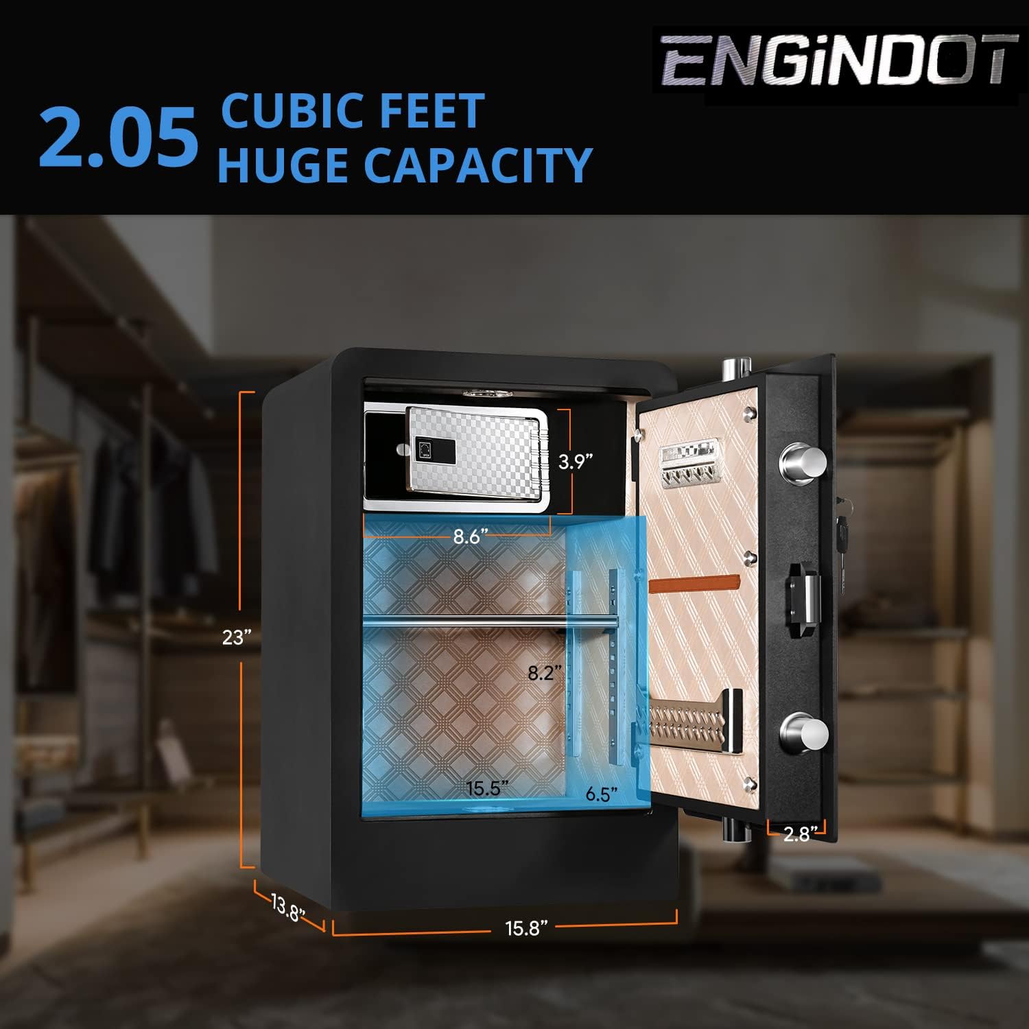 Home Security Safe, ENGiNDOT 2.05 Cubic Feet Large Safe with Quick Access Fingerprint Lock and Touch Screen Keypad, Secret Hidden Box, Variety of Locking Features Combination- 60B