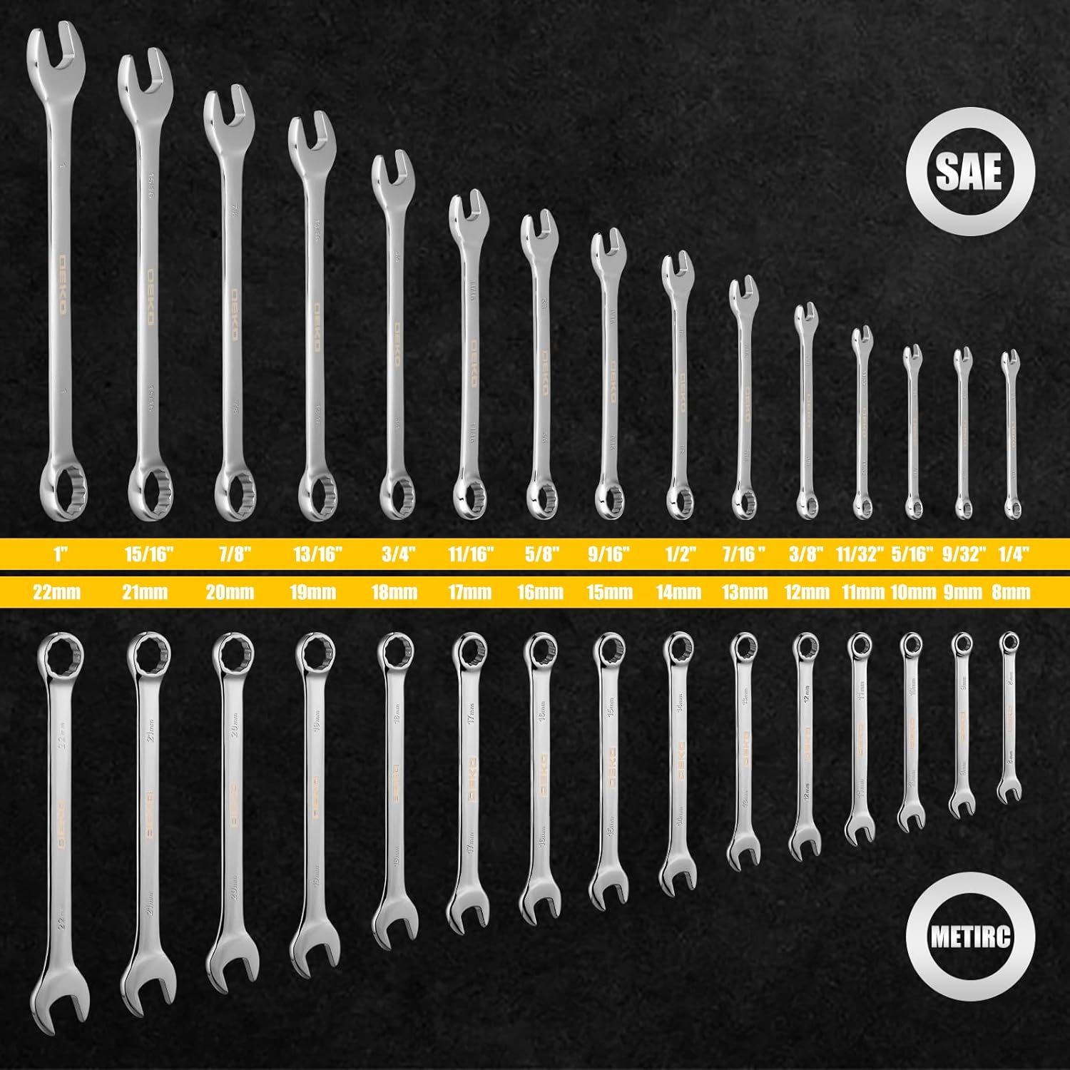 DEKOPRO Combination Wrench Set, SAE&Metric, 30-piece, 1/4'' to 1'' & 8-22mm, 12-Point, Chrome Vanadium Steel, with Plastic Tray Pack of 2
