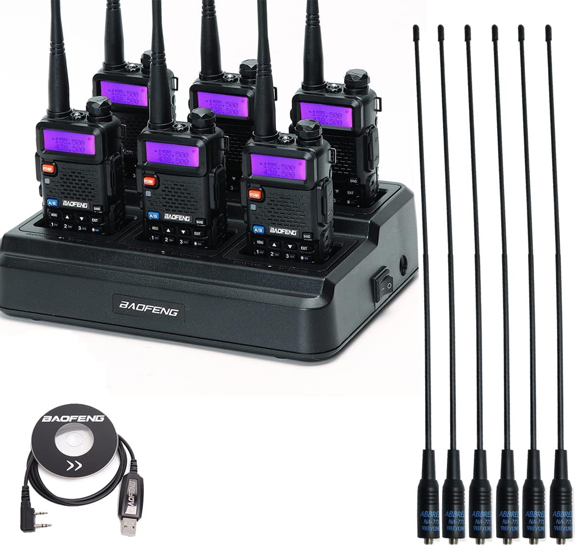 6Pack BAOFENG UV-5R Ham Radio Long Range Walkie Talkie FCC ID Handheld Two Way Radio with 6 Way Multi Gang Charger，Programming Cable