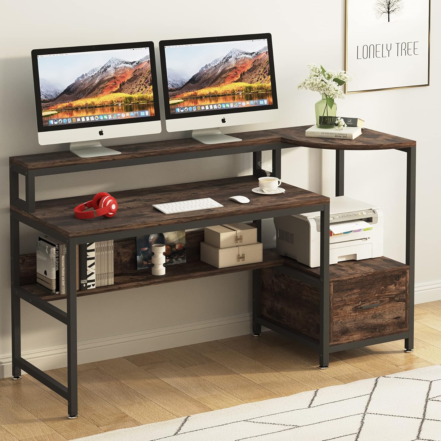 Tribesigns Computer Desk with Hutch and Storage Shelves, 63&rdquo; Modern Home Office Desk with Monitor Stand File Drawer Writing Table Workstation for Home Office (Black)