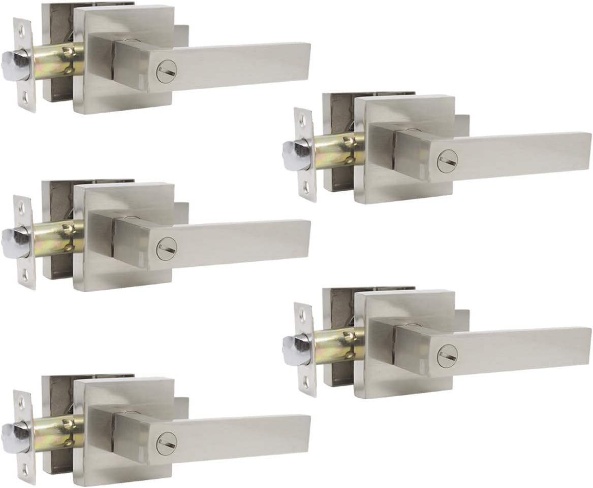 Gobrico 5 Pack Satin Nickel Bedroom/Bathroom Door Handles Levers Square Plate Interior Privacy Door Locksets
