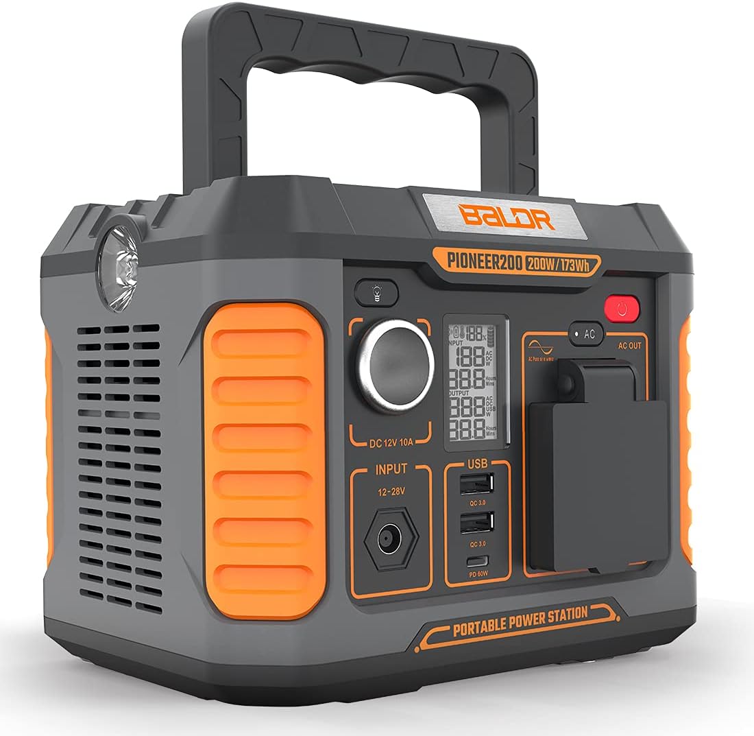 BALDR Portable Power Station 200W, 173Wh Solar Generator Backup Lithium Battery Power Supply, 120V Pure Sine Wave AC Outlet, QC 3.0, Type C Input/Output, for Home Camping Adventure