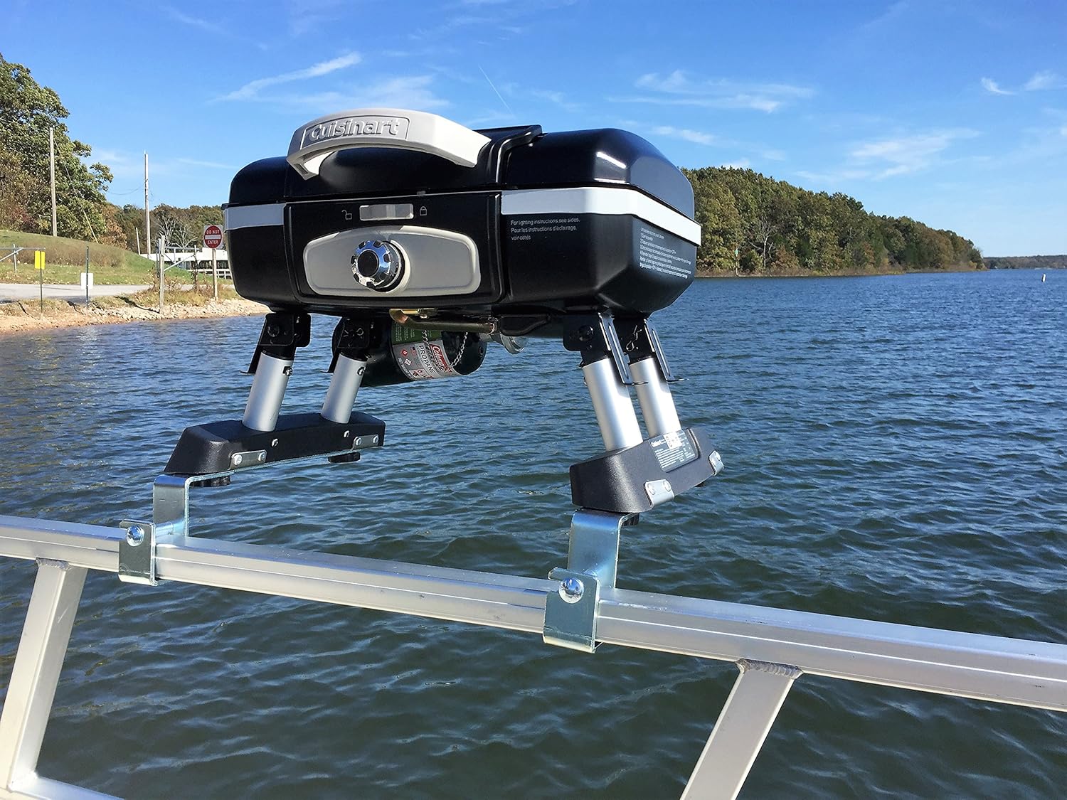 Cuisinart Grill Modified for Pontoon Boat with Arnall's Stainless Grill Bracket Set BLACK