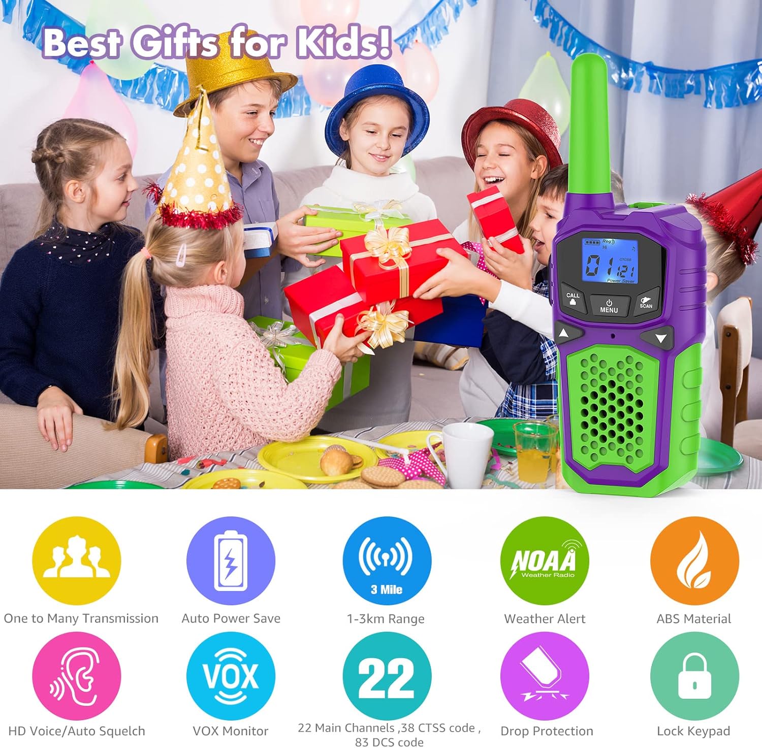 Walkie Talkie for Kids 2 Pack, Long Range Walkie-Talkie Toy for 3-12 Year Boys Girls Rechargeable Two Way Radio with NOAA Alert Handheld Gift for Kids Outdoor Adventures Hiking Hunting Camping