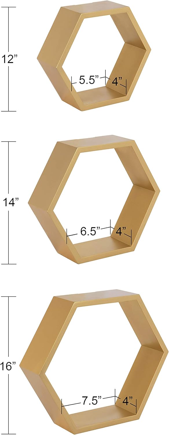 Kate and Laurel Putnam Hexagon Shelf, Set of 3, Gold, Dynamic Geometric Wall Decor and Storage Pack of 2