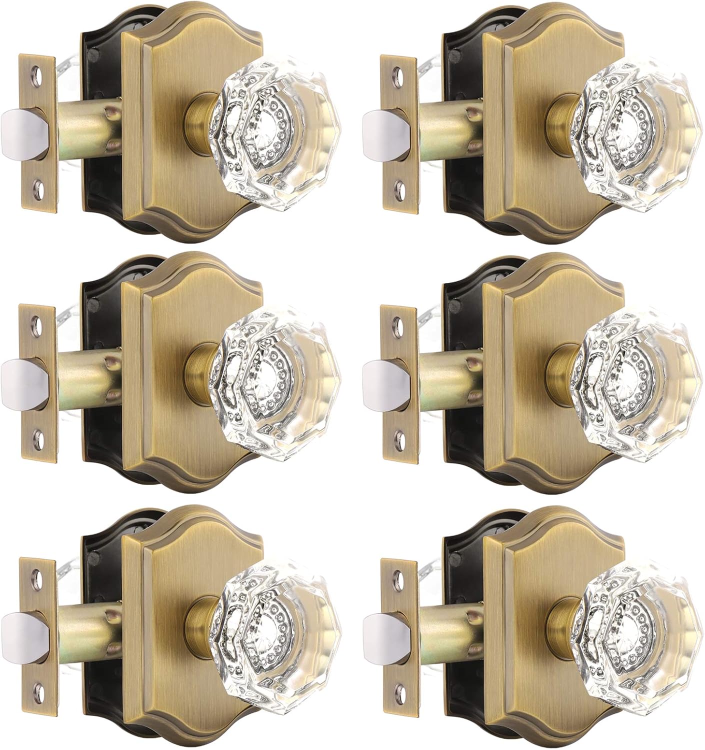 Gobrico 5 Pack Passage Crystal Door Knobs in Antique Brass for Hall Closet Laundry Room,Clear Octagon Shape,Keyless Outside for Interior Room