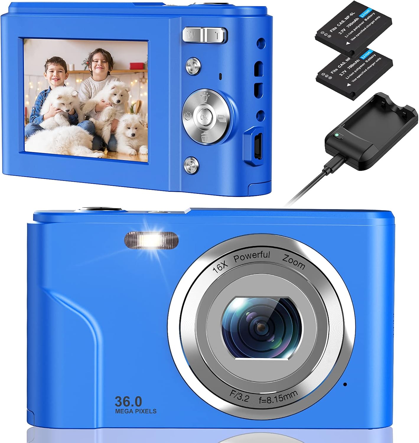 Digital Camera, NEZINI 2 Charging Mode Mini Kids Camera, Full HD 1080P 36MP 2.4 Inch LCD Vlogging Camera for Kids, 16X Zoom Compact Pocket Camera Point and Shoot Camera for Kids Beginners (Blue) Pack of 2
