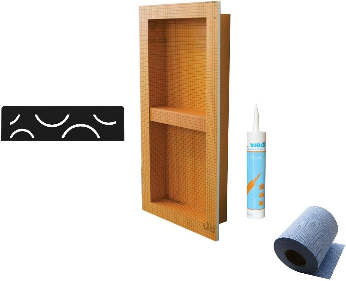 Schluter Systems KERDI-BOARD-SN KB12SN305711A1 Shower Niche 12 Inch x 28 Inch, Curve SNS1D6MGS Matte Black Shelf with Sealant and Waterproofing 5M Band