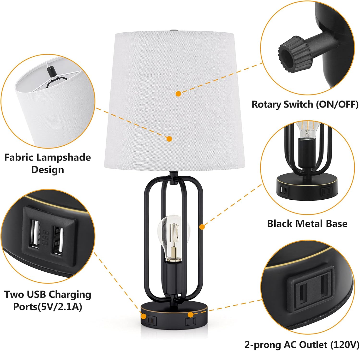 BYBLIGHT Table Lamps Set of 2 Industrial Touch Control Desk Lamp with 2 USB Ports and AC Outlet, 3-Way Dimmable Modern Farmhouse Bedside Nightstand Lamps for Living Room Bedroom, LED Bulbs Included