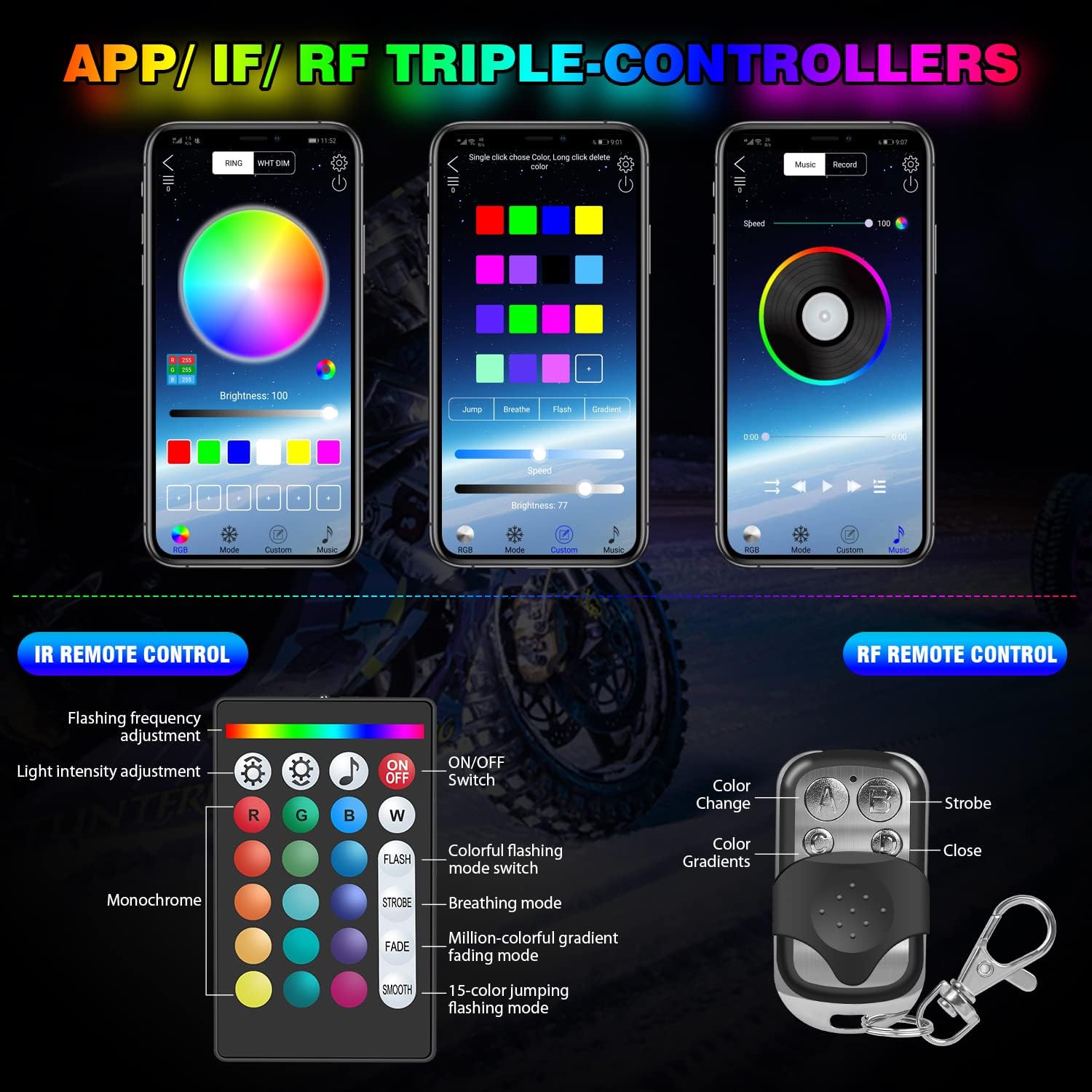 SUZCO 10-Pack Motorcycle LED Strips Light Kit with APP/IR/RF Remotes, Sync RGB Multi-Color Atmosphere Underglow Lights, Waterproof LED Strip 12V for Harley Honda Kawasaki Suzuki Polaris