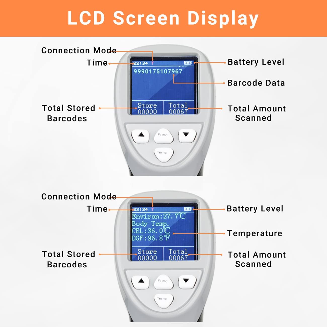 Tera Barcode Scanner Temperature Thermometer 2D QR 1D Cordless Bar Code Reader with Digital Display Screen, Compatible with Bluetooth 2.4Ghz Wireless and USB Wire Pack of 2