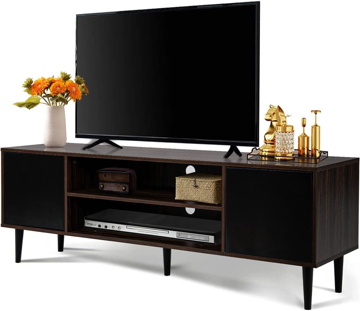 Modern TV Stand for 65 Inch TV Mid Century Modern TV Stand Up to 75 Inch TV Console for 75 Inch TV for Living Room, Black Espresso