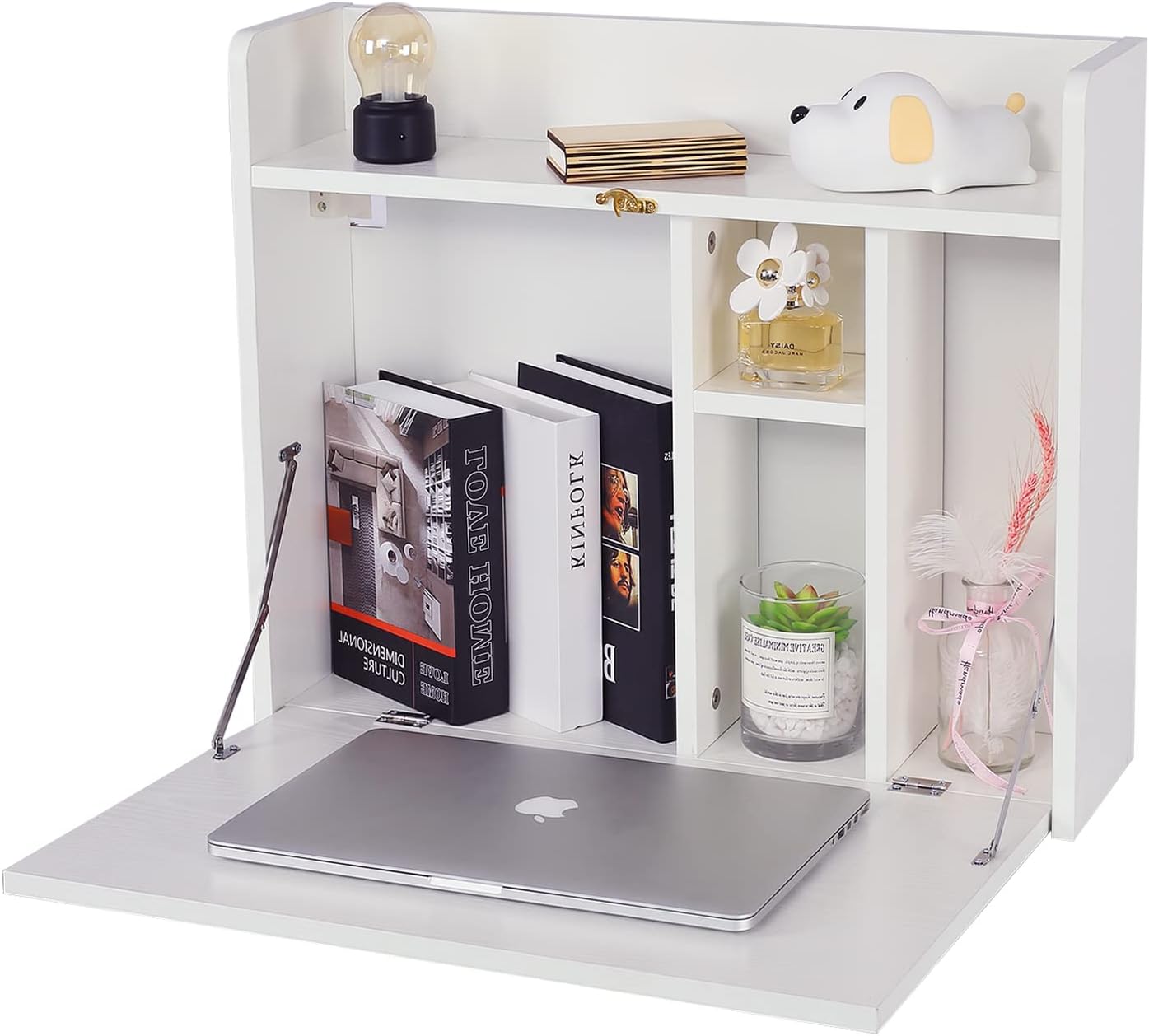 Wall Mounted Desk Multifunctional Fold Down Cabinet Laptop Computer Table Writing Workstation with Storage Compartments Space Saving for Home Office (White) Pack of 2