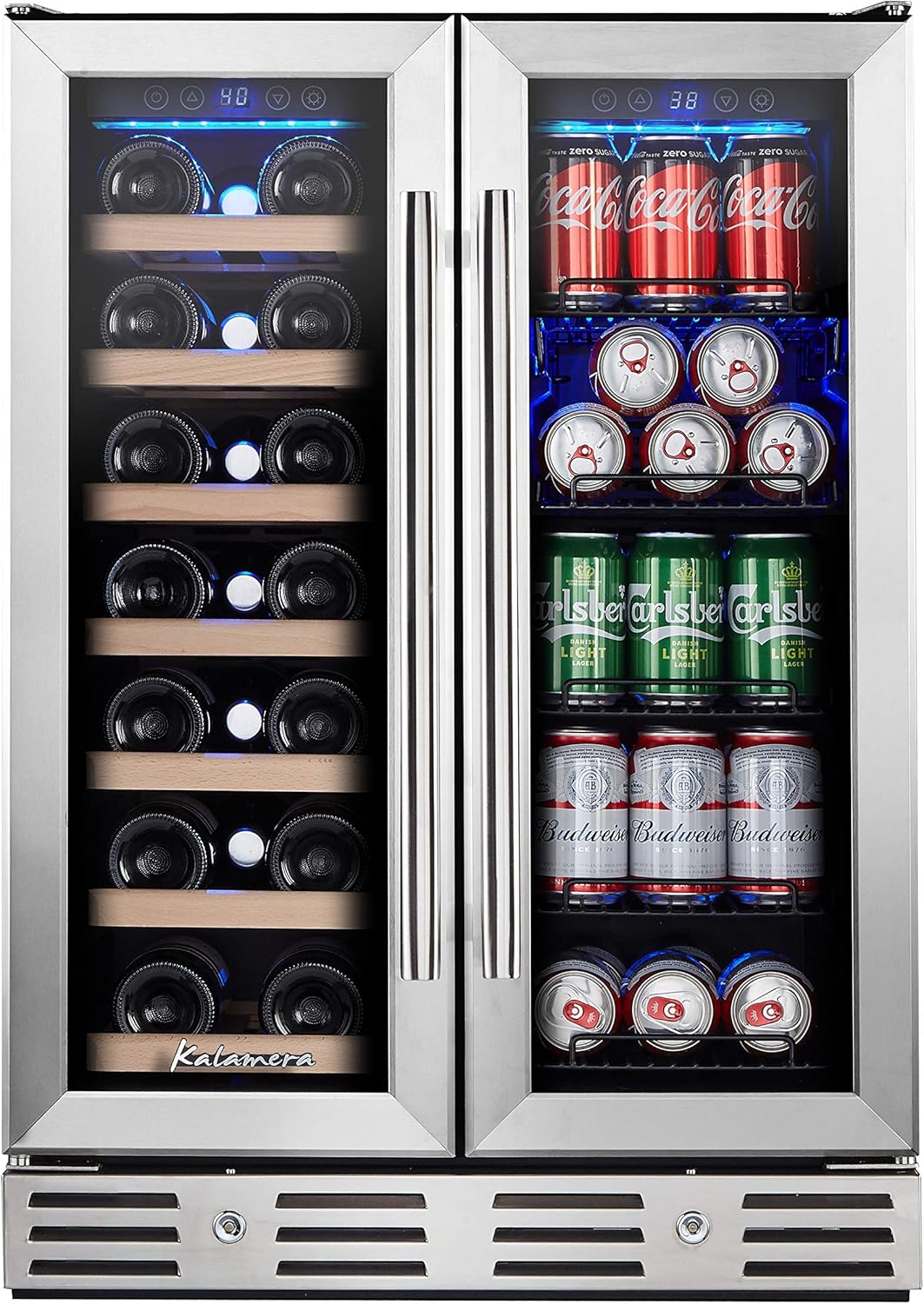 Kalamera Wine and Beverage Refrigerator, Kalamera 24 inch Under Counter Dual Zone Wine Cooler for Home - Built in Wine Fridge w/ 20 Bottles and 78 Cans Capacity