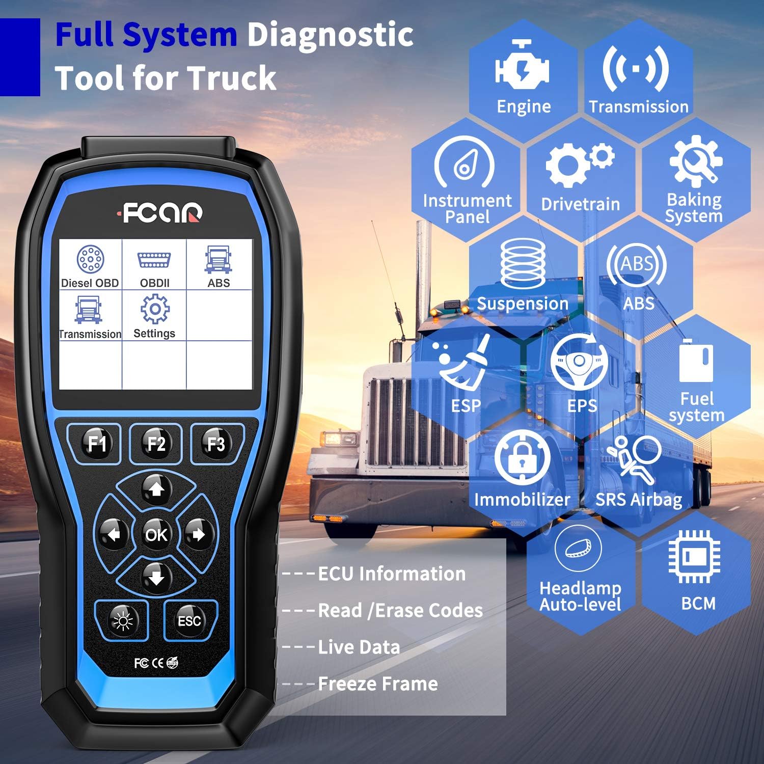 FCAR F507 Heavy Duty Truck Scanner, 2 in 1 Car OBD2 Scanner&HD Truck Scan Tool, All Systems Diagnostic Tool for All Almost Trucks with ABS/Transmission Actuation Test for Wabco, Bendix, Allison, ZF
