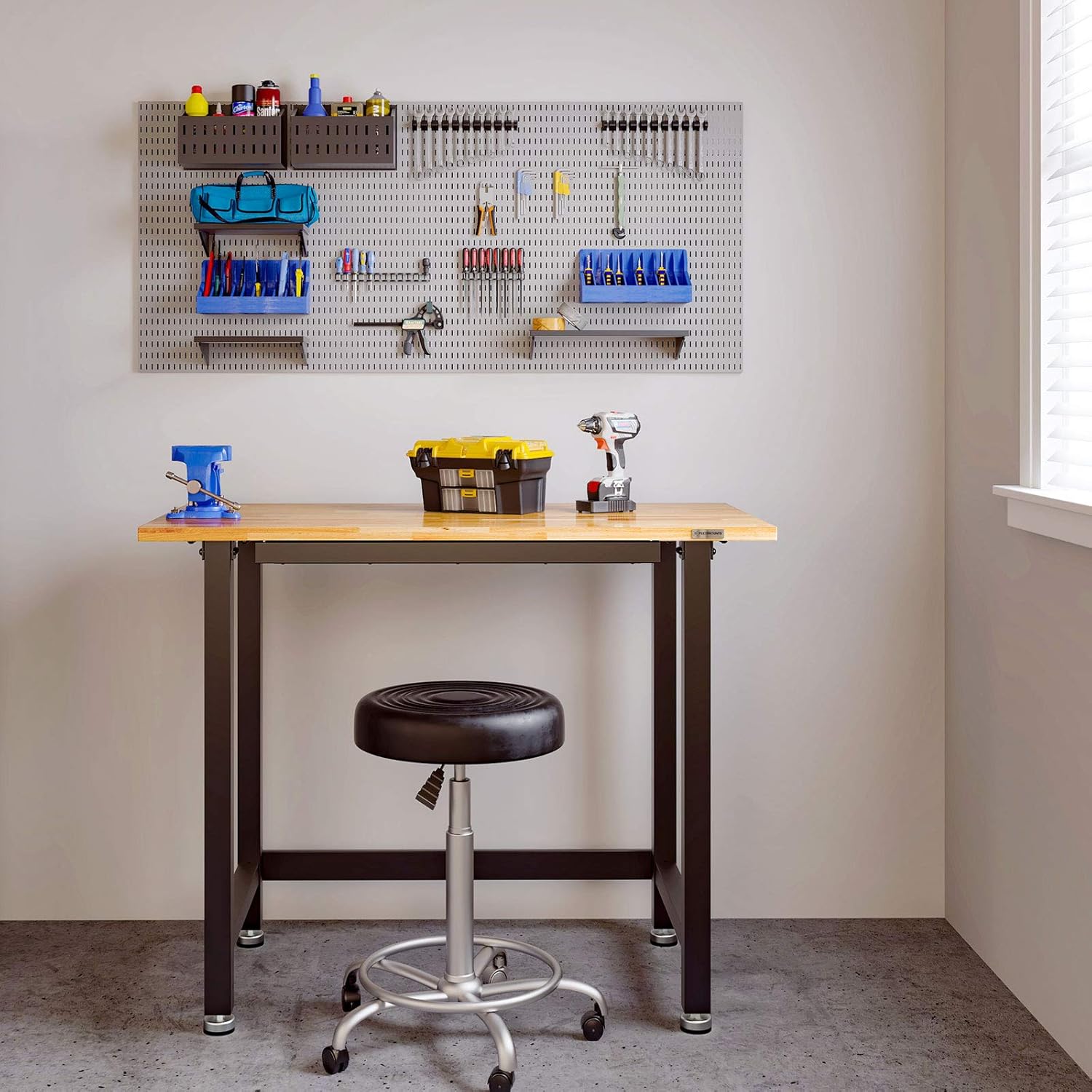 FLEXIMOUNTS Work Bench w/Drawer, 3000-lb Capacity，48“x 24“ Garage Workbench Workstation, Rubber Wood Work Table Top Heavy-Duty Steel Frame