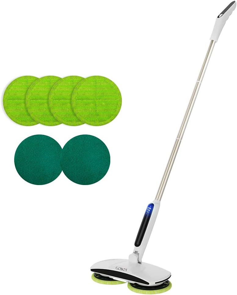 GOBOT Electric Mop with Motorized Dual Spin Mopheads, Battery Display, LED Headlight, Lightweight & Rechargeable,4 Mop Pads & 2 Scrub Pads, Cleaning & Waxing for Hardwood/ Laminate Floor /Window/Tile (White) Pack of 2