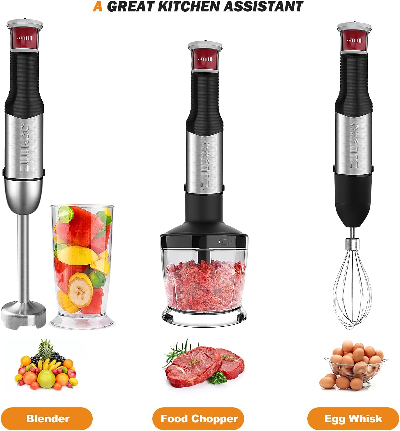 Immersion Hand Blender, ZUUKOO KITCHEN 800W 4-in-1 Immersion Blender Handheld, Multi-Purpose Stepless Speed Stick Blender with Chopper, Beaker, Whisk Attachments, for Smoothies/Soup/Baby Food Pack of 2