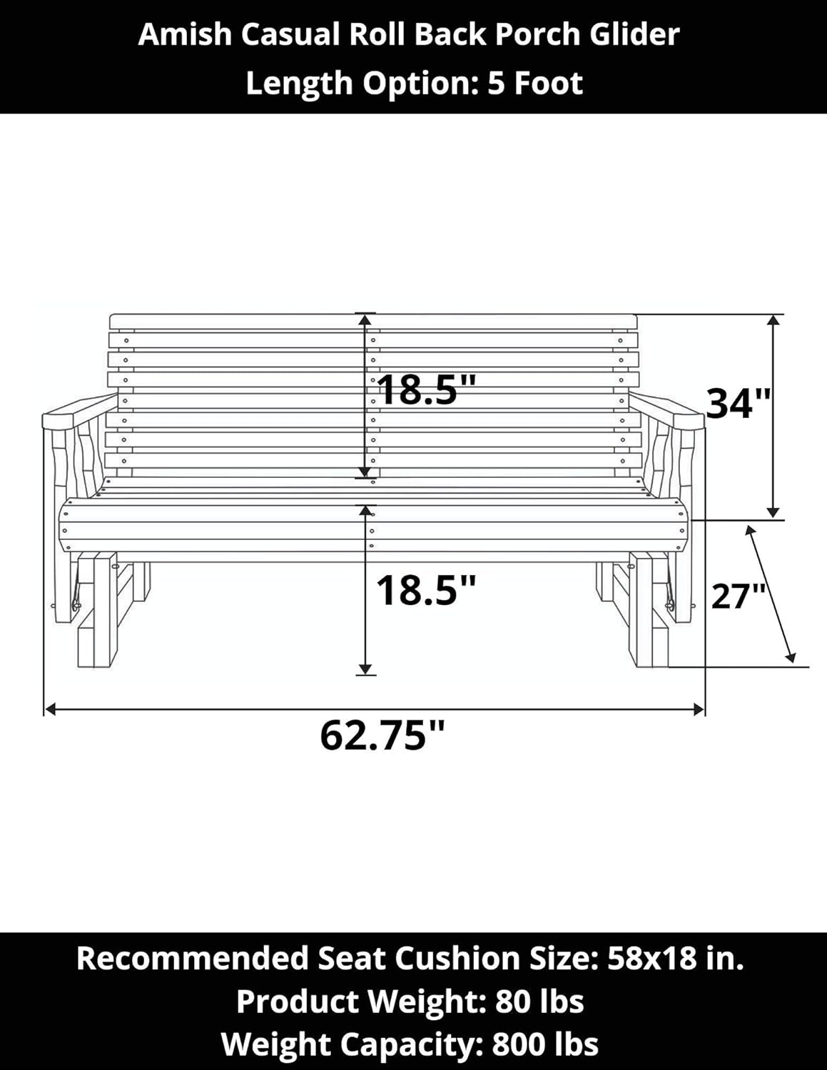V-LXRONG CAF Amish Heavy Duty 800 Lb Roll Back Pressure Treated Porch Glider (5 Foot, Unfinished)