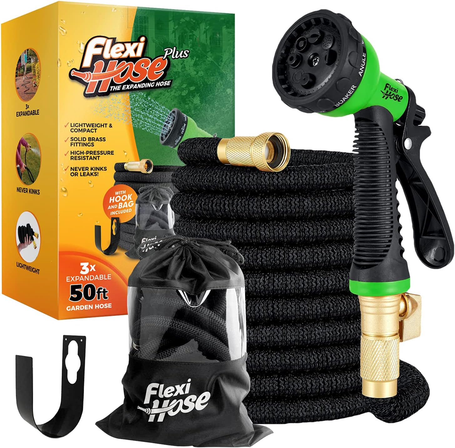 Flexi Hose PLUS with 8 Function Nozzle Expandable Garden Hose, Lightweight & No-Kink Flexible Garden Hose, 3/4 inch Solid Brass Fittings and Double Latex Core, 50 ft Black Pack of 2