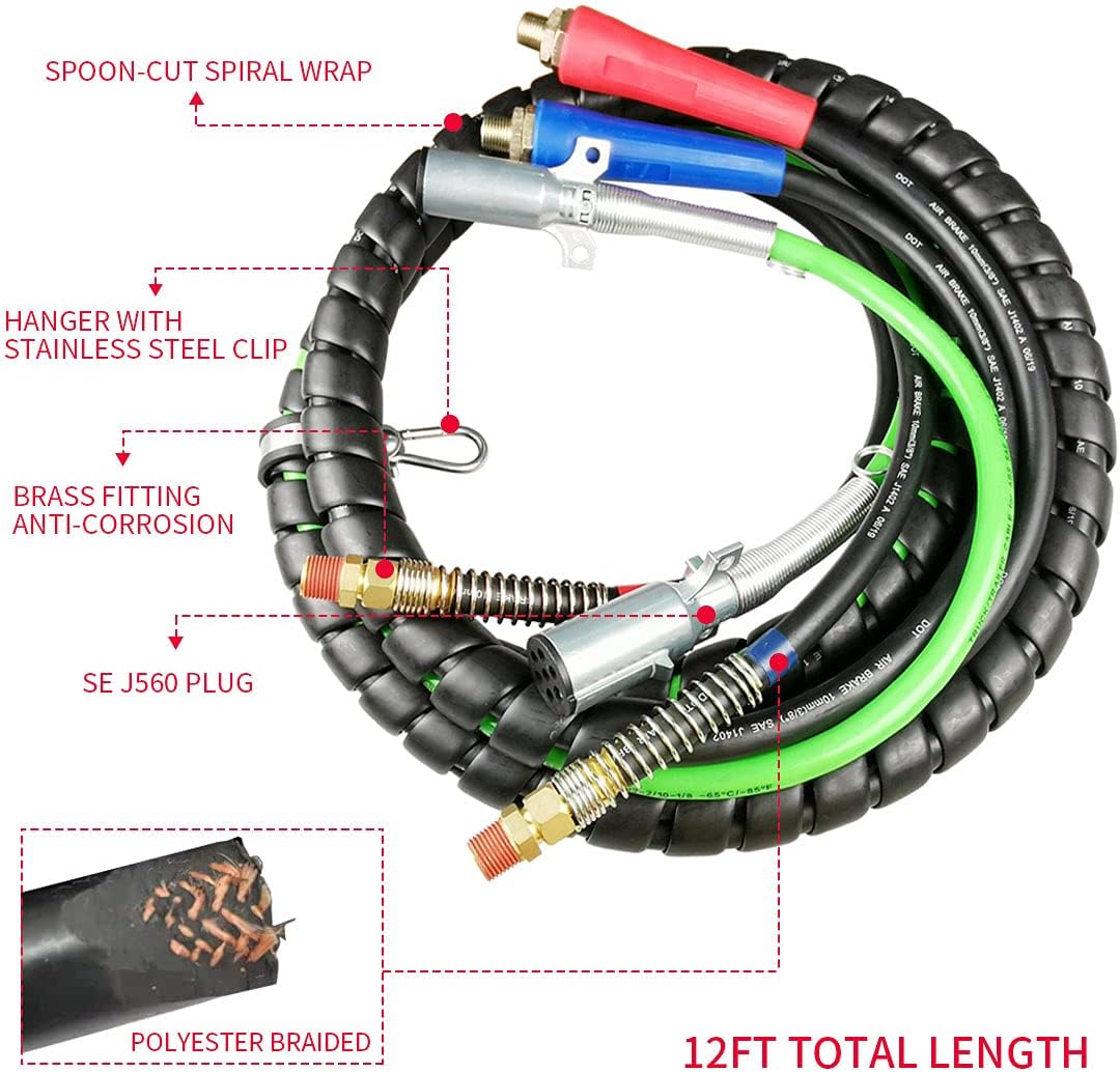 FIT 3 in 1 Truck Hose Spiral ABS Electrical Cord Air Line Kit Polyester Braided Hose Kit 12ft Length Set Heavy Duty 7 Way Electrical Trailer Cord for Semi Truck Tractor Trailer (TR-029-1)