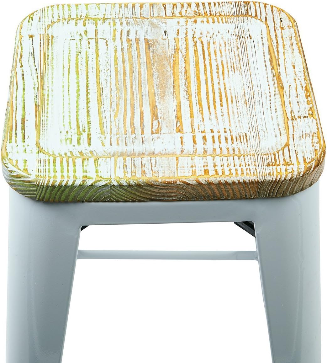 OSP Home Furnishings Bristow Antique Metal Barstool with Vintage Wood Seat, 26-inch, White Frame, Pine Irish, 2-pack