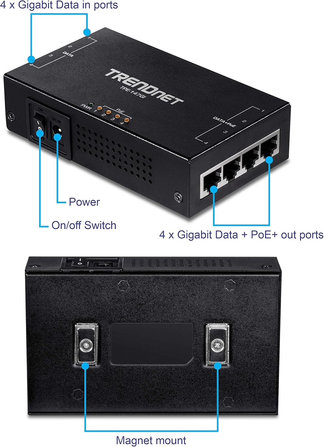 TRENDnet 65W 4-Port Gigabit PoE+ Injector, TPE-147GI, 4 x Gigabit Ports(Data in), 4 x gigabit PoE Ports(Data + PoE Out), Multi-Port PoE+ Injector up to 100m(328 ft.), Add PoE+ Power to Non-PoE Switch Pack of 2