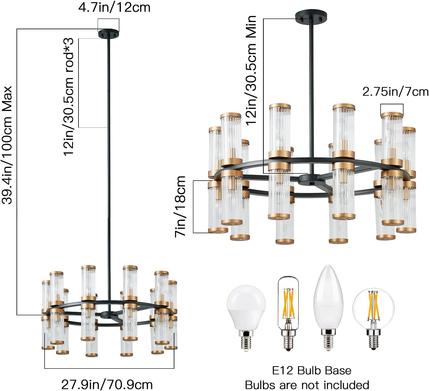 Modern Wagon Wheel Chandelier,20-Light 28&rdquo; Farmhouse Chandelier with Glass Shade,Black and Gold Industrial Large Pendant Light Fixture,Rustic Chandeliers for Dining Room,Living Room, Foyer
