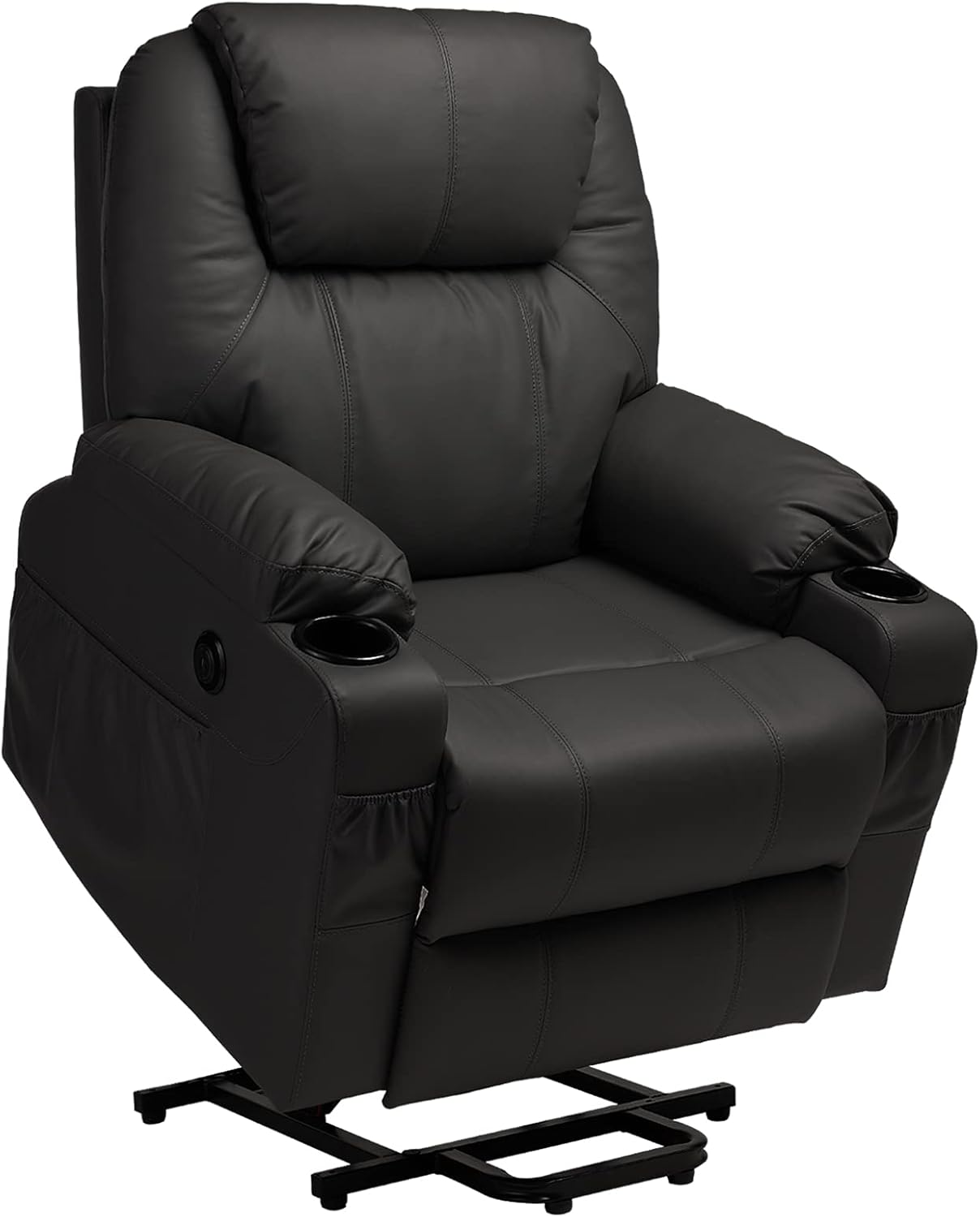 Grepatio Massage Recliner, Card Velvet Adjustable Home Theater Single Recliner, with Massage Remote Lumbar seat Heating and USB Interface, Rotating Recliner with Cup Holders on Both Sides-Black(Blue)