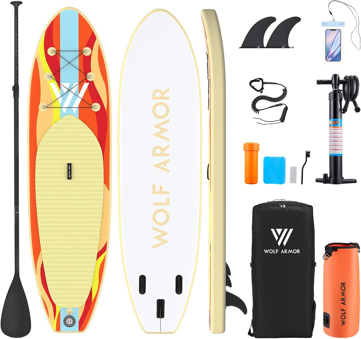 Wolf Armor Inflatable Stand Up Paddleboard with Adjustable Paddle,Safety Leash, Hand Pump, SUP Accessories&Backpack,Waterproof Bag, Removable Fin,Antislip Deck, Standing Boat for Youth and Adult