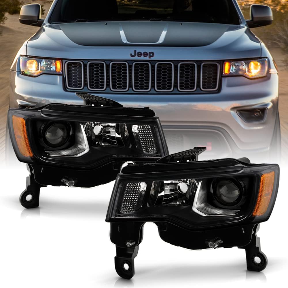 ACANII - For [Halogen Model] 2017-2021 Jeep Grand Cherokee Black Housing Projector Headlights Headlamps Pair Left+Right