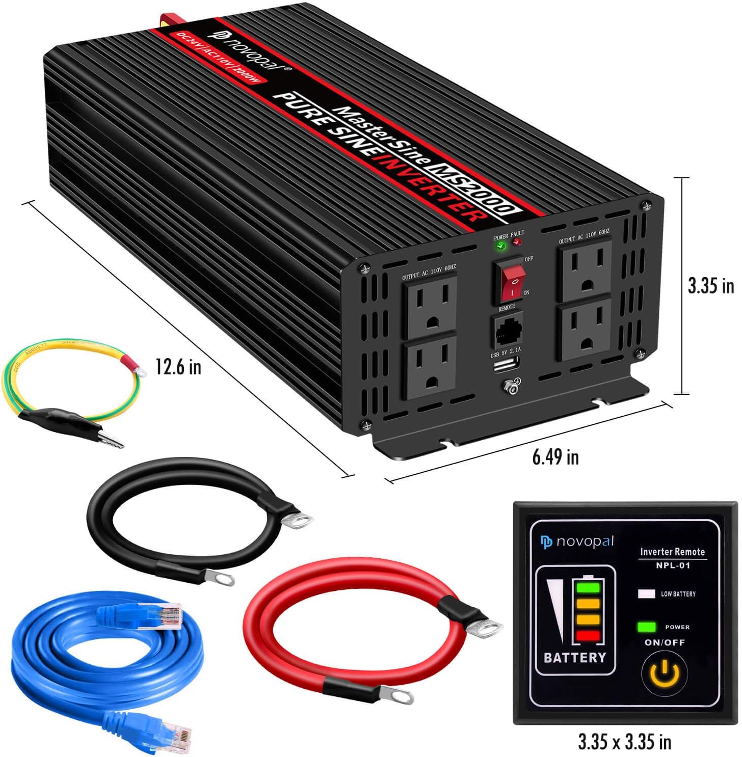 Novopal Power Inverter Pure Sine Wave-2000 Watt 24V DC to 110V/120V AC Converter- 4 AC Outlets Car Inverter with One USB Port-16.4 Feet Remote Control and Two Cooling Fans-Peak Power 4000 Watt