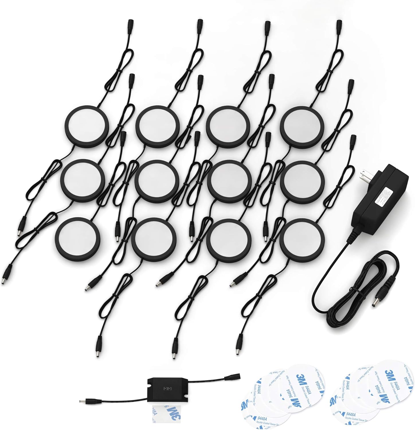 EShine Black Matte Under Cabinet Puck Lights with Hand Wave Sensor &ndash; Circular LED Cabinet Lights &ndash; Dimmable &ndash; Pack of 12, Cool White (6000K)