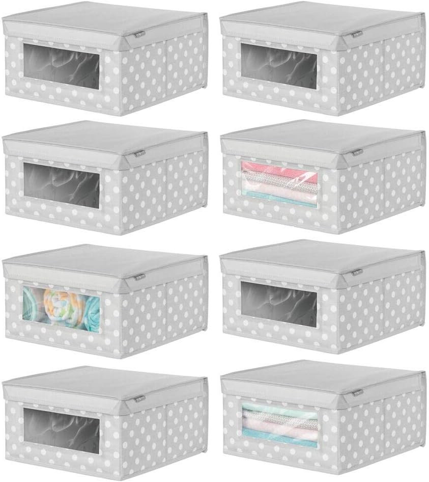 mDesign Soft Stackable Fabric Closet Storage Organizer Holder Box - Clear Window, Attached Lid, for Child/Kids Room, Nursery - Polka Dot Print - Small, 8 Pack - Turquoise Pack of 2