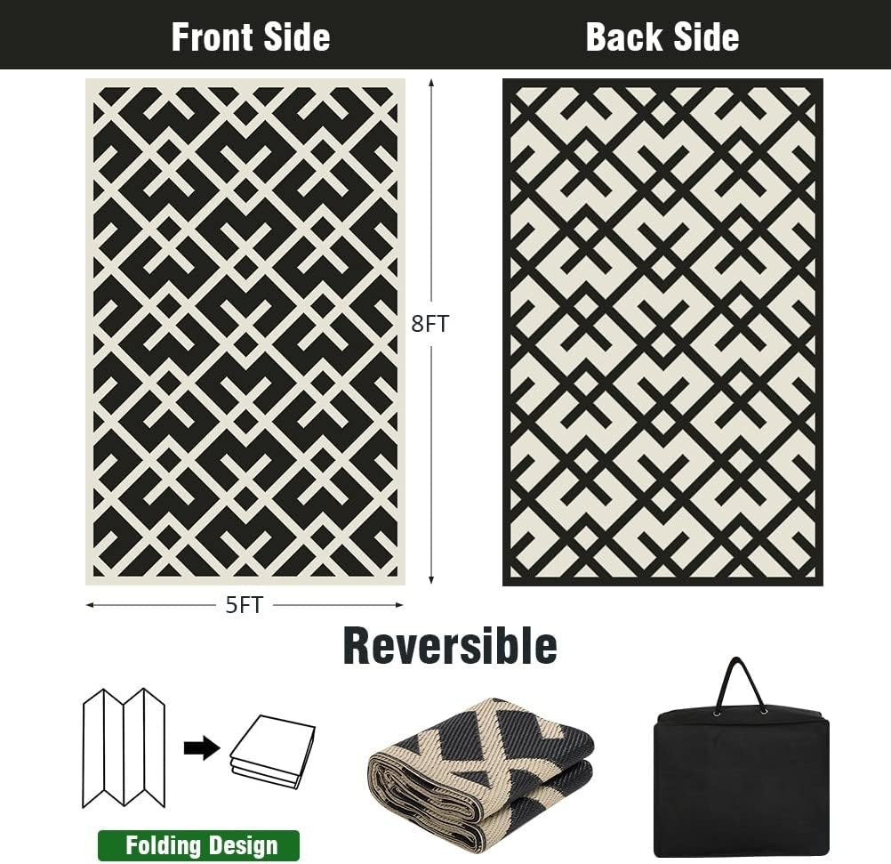 Reversible Mats - Plastic Straw Rug, Outdoor Rug, Modern Area Rugs, Large Floor Mat for Outdoors, RV, Garden, Patio, Backyard, Deck, Picnic, Beach, Trailer, Camping, Black & Beige, 5' x 8'