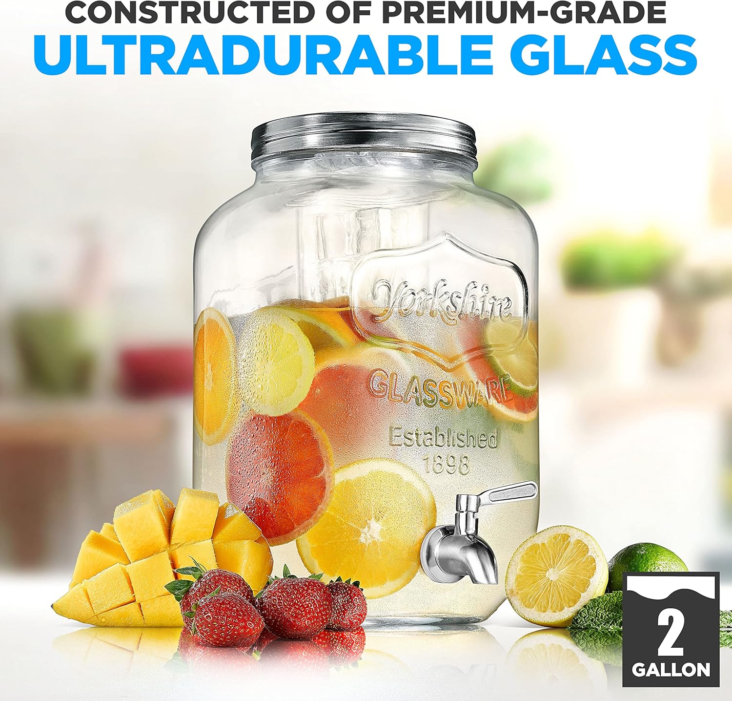 NutriChef 2-Gallon Glass Beverage Dispenser - Mason Jar Style Drink Container Jug w/ Stainless Steel Spigot & Plastic Ice Infuser, Wide Mouth Easy Filling, 100% Leak-proof Lid, For Party or Daily Use Pack of 2