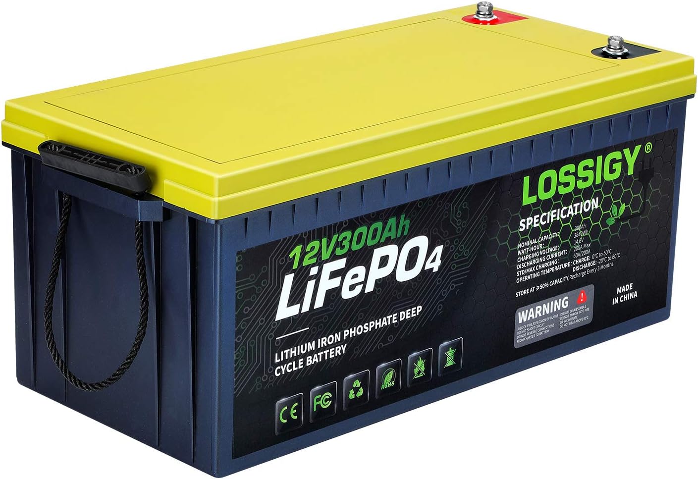 LOSSIGY 12V 300AH Lithium Battery Deep Cycle Lifepo4 Battery, Built in 200A BMS, The Perfect Replace for Solar Wind Storage System, RV, Marine Off-Gird Battery, 4000-7000 Cycles