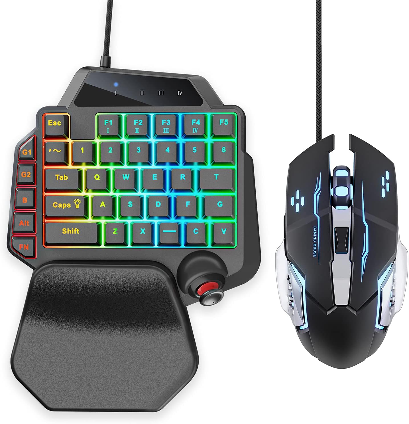 IFYOO K96 USB Wired Gaming 36 Keys One-Handed Keyboard and Mouse Combo Set for PC Games (Windows 10/8/7/XP, Linux), with RGB Backlit, Analog Joystick (with 4 Profiles), Wrist Rest, 2 Macros Keys