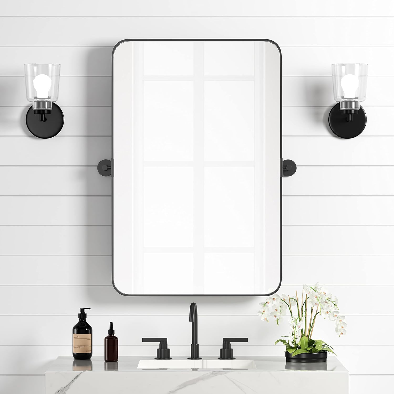HMANGE 24 x 36 Inch Pivot Bathroom Mirror - Farmhouse Large Black Metal Framed Rectangular Vanity Mirrors - Modern Rectangle Titling Bathroom Mirrors for Wall